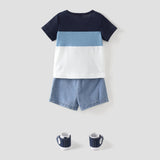 2pcs Baby Boy Color Block Waffle Top and 100% Cotton Ripped Denim Shorts Set - MomYom PK