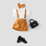 3pcs Baby Girl Lace Flutter - sleeve Ribbed Romper and Suspender Skirt with Headband Set - MomYom PK