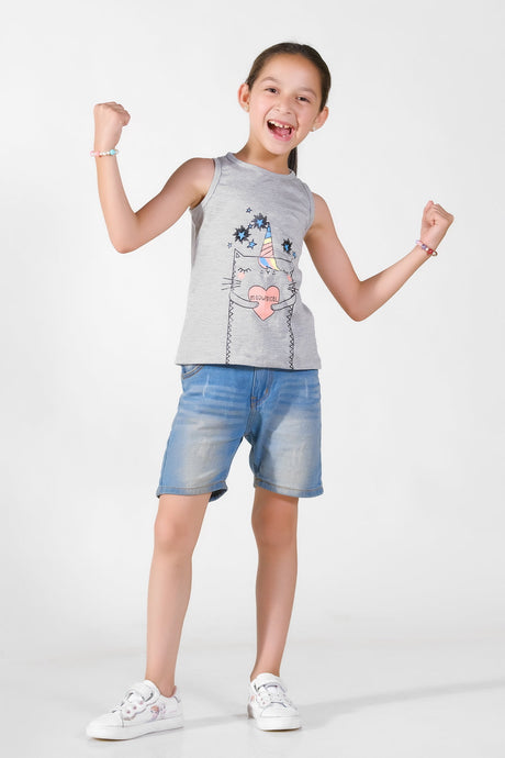 Meowgical Summer-Printed Sandos for Girls - Light Gray
