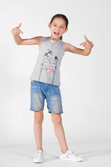Meowgical Summer-Printed Sandos for Girls - Light Gray