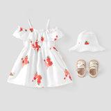 2pcs Baby Girl Floral Print Blue Sleeveless Spaghetti Strap Ruffle Dress with Hat Set - MomYom PK