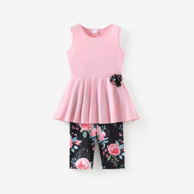 2pcs Kid Girl Bowknot Design Sleeveless Tee and Floral Print Leggings Shorts Set - MomYom PK