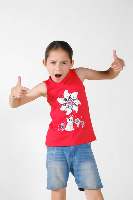 Cat holding Flower Printed Sandos for Boys - Red