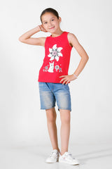 Cat holding Flower Printed Sandos for Boys - Red