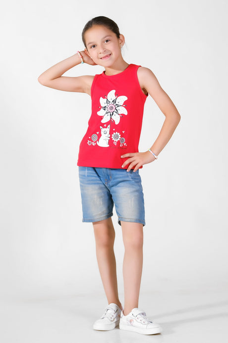 Cat holding Flower Printed Sandos for Boys - Red