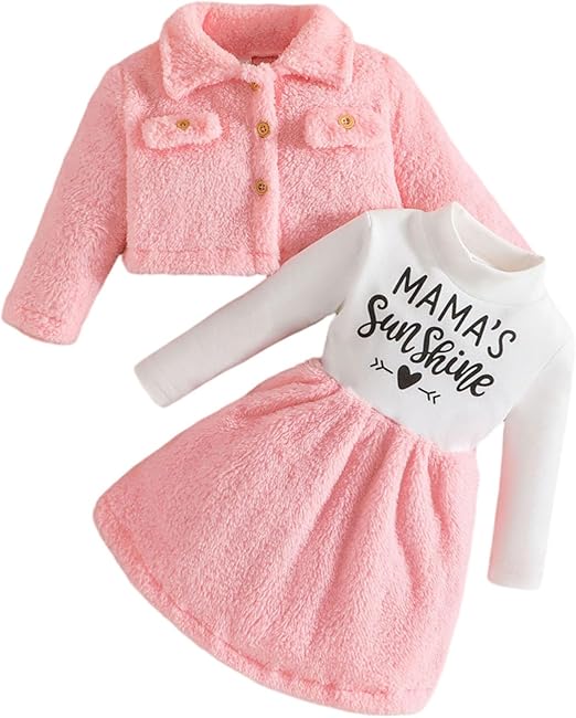 2pcs Baby Girl Thermal Fuzzy Jacket and Letter Print Long-sleeve Spliced Dress Set