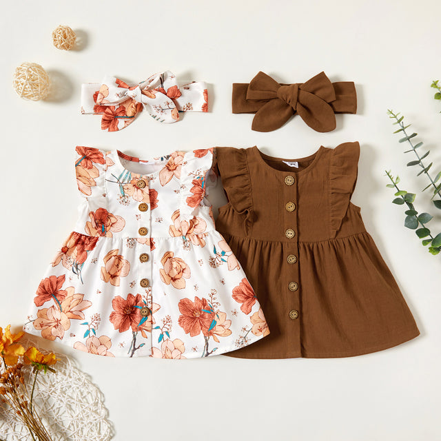 2pcs Baby Girl 100% Cotton Solid/Floral - print Sleeveless Ruffle Button Up Dress with Headband Set - MomYom PK