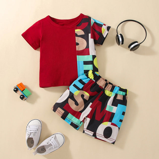 2pcs Baby Boy 95% Cotton Short - sleeve Letter Print Black Splicing T-shirt and Shorts Set - MomYom PK