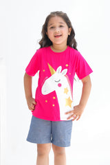 The Unicorn Star Half Sleeves T-shirts For Kids - Dark Pink