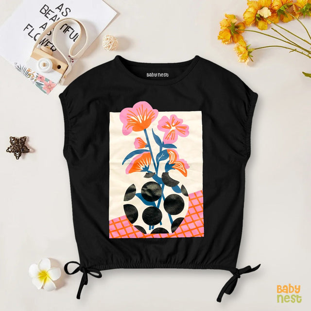 Kimono Print T-Shirt - Flowers Black