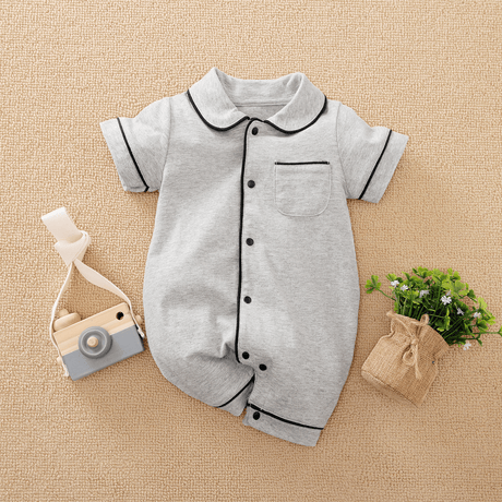 Baby Girl/Boy Solid Cotton Color-block Short Sleeves Lapel Jumpsuit