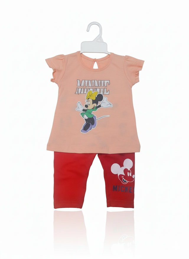 Baby Girls Minnie & Mickey Two-Piece Outfit – Peach Top & Red Leggings Set