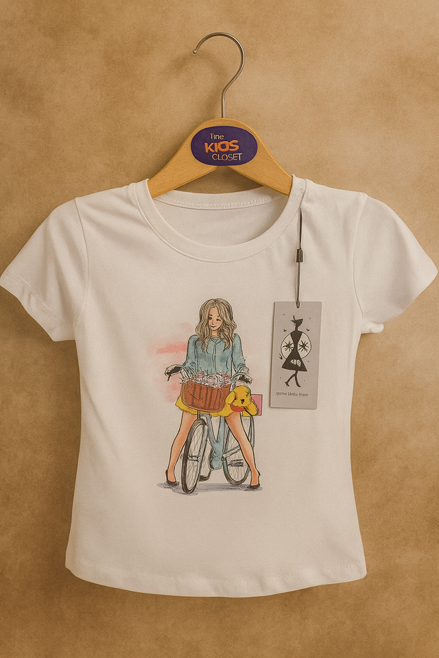 Bicycle Adventure Kids T-Shirt – Cute Puppy & Flower Basket Graphic