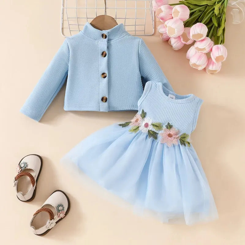 2pcs Baby Girl Buttons Front Long-sleeve Textured Jacket and Floral Decor Mesh Panel Tank Dress Set