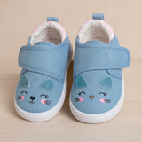 Blue Cat Face Baby Shoes with Glitter Ears & Velcro Strap