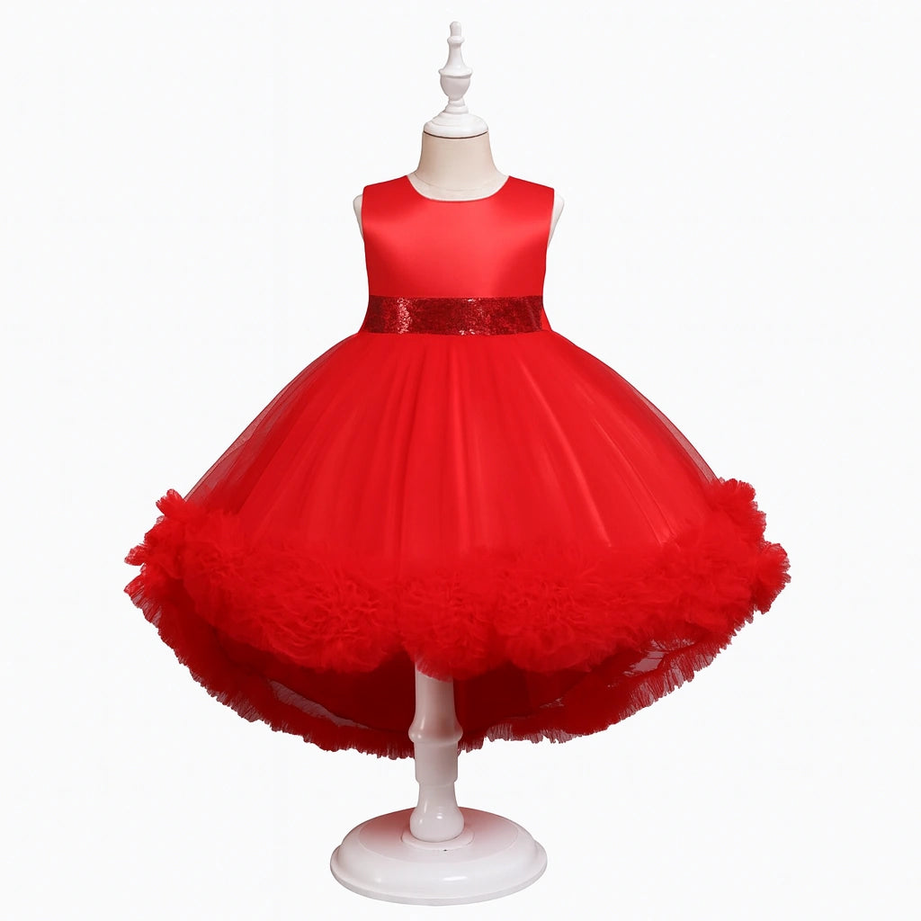 Charming Red Party Dress with Sequin Waistband for Girls