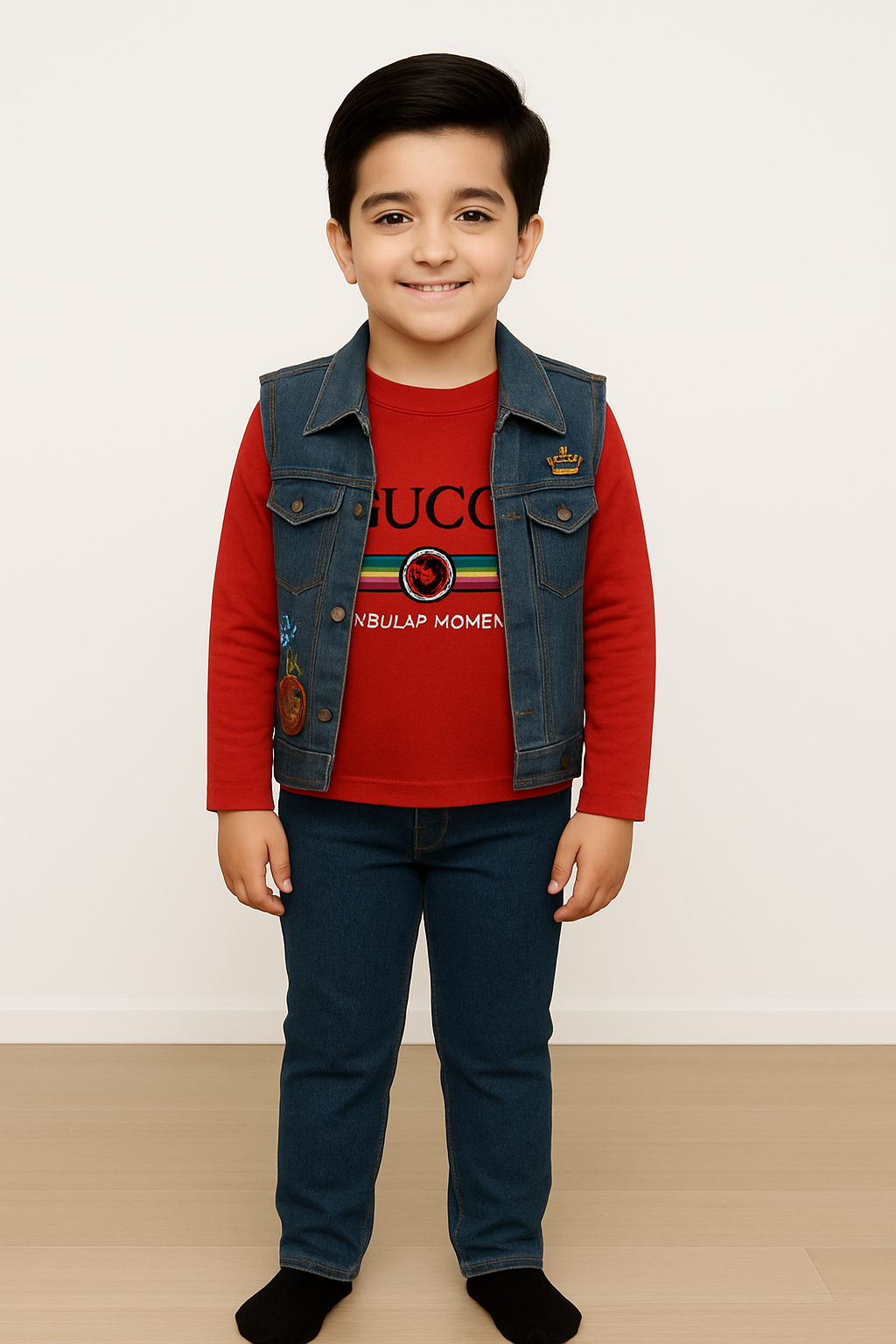 Kids Denim Vest & Jeans Set with “GUCCI Regular Moment” Print Tee