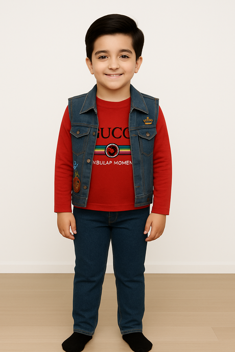 Kids Denim Vest & Jeans Set with “GUCCI Regular Moment” Print Tee