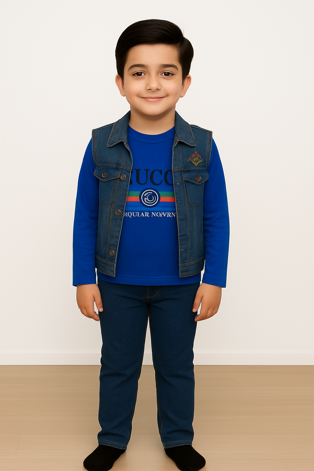 Kids Denim Vest & Jeans Set with “GUCCI Regular Moment” Print Tee