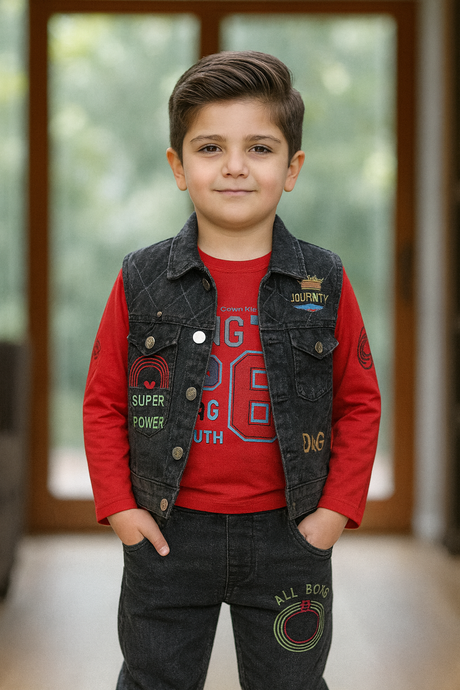 Kids Black Denim Vest & Jogger Set with “All Boys Super Power Youth Squad” Print