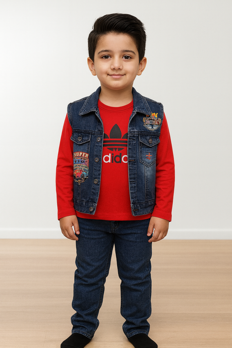 Boys Outfit Set with Printed Adidas-Style T-Shirt, Denim Vest & Jeans