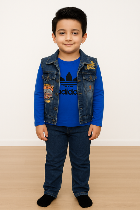 Boys Outfit Set with Printed Adidas-Style T-Shirt, Denim Vest & Jeans