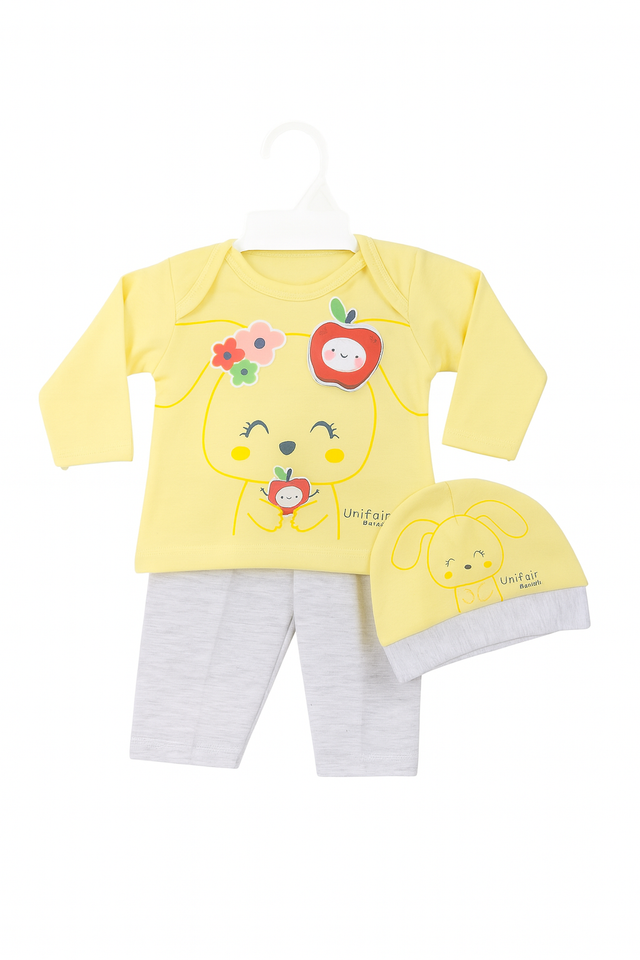 3 Pcs Baby Outfit Set – Bunny Print Top, Pants & Hat