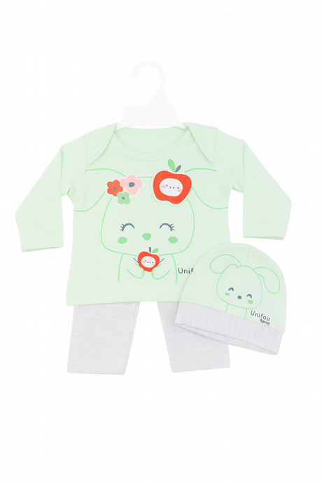 3 Pcs Baby Outfit Set – Bunny Print Top, Pants & Hat