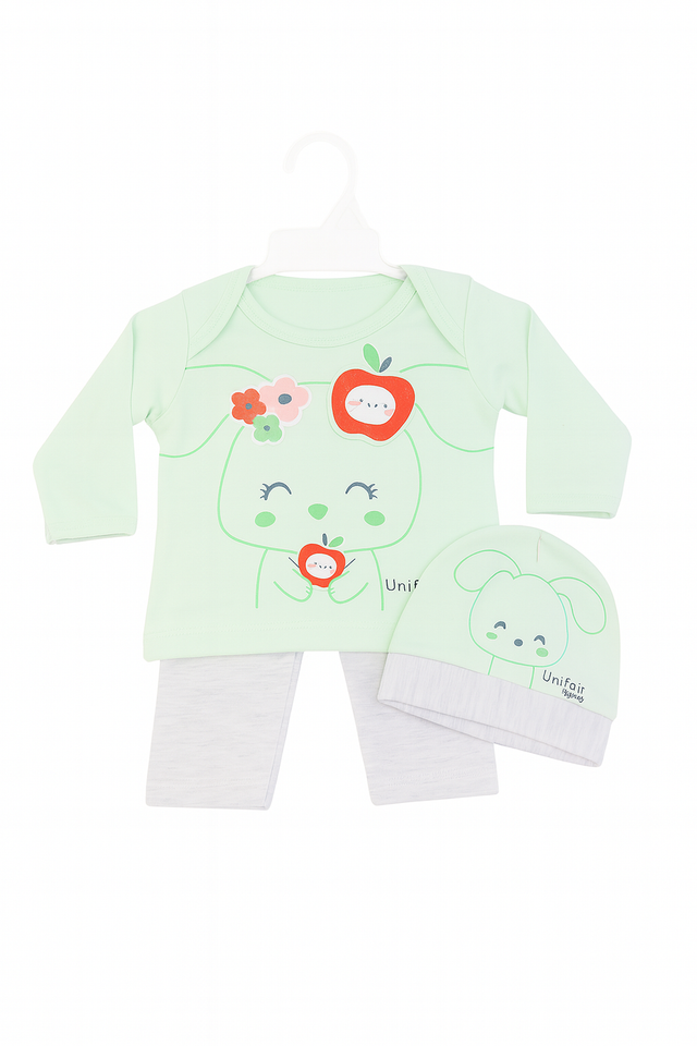 3 Pcs Baby Outfit Set – Bunny Print Top, Pants & Hat