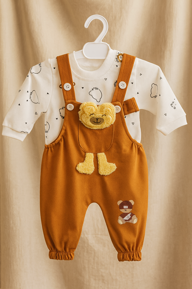 Baby Dungaree Set with Bear Applique & Printed Inner Tee