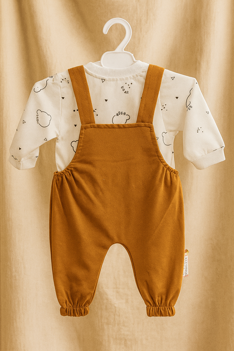 Baby Dungaree Set with Bear Applique & Printed Inner Tee