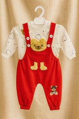 Baby Dungaree Set with Bear Applique & Printed Inner Tee