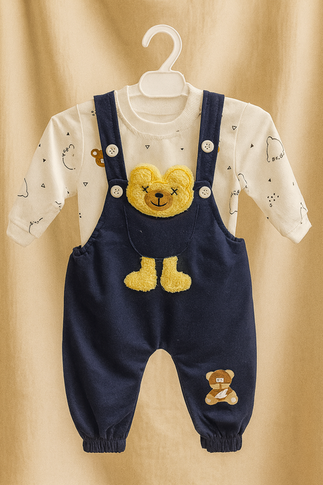 Baby Dungaree Set with Bear Applique & Printed Inner Tee