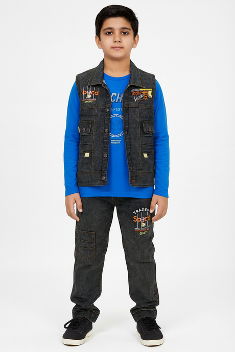 Boys' Denim Vest and Jeans Set with Long-Sleeve T-Shirt