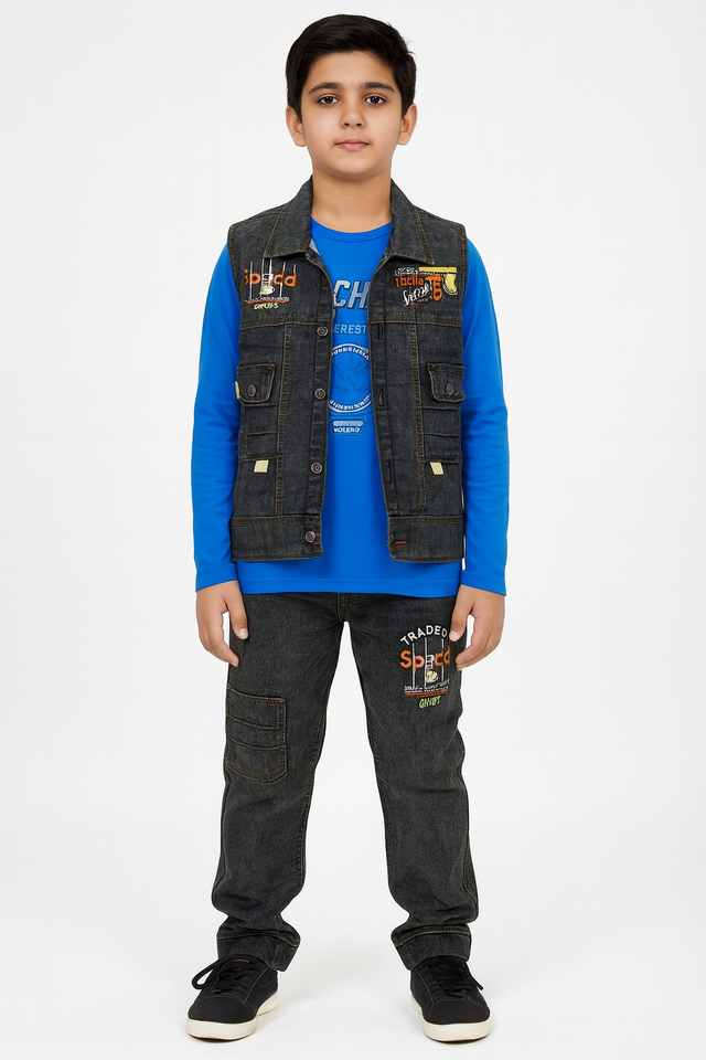 Boys' Denim Vest and Jeans Set with Long-Sleeve T-Shirt