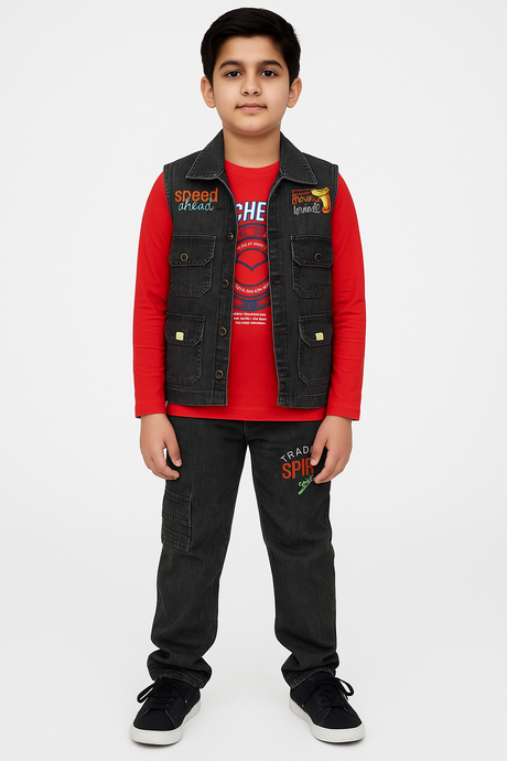 Boys' Denim Vest and Jeans Set with Long-Sleeve T-Shirt
