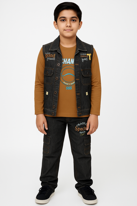 Boys' Denim Vest and Jeans Set with Long-Sleeve T-Shirt