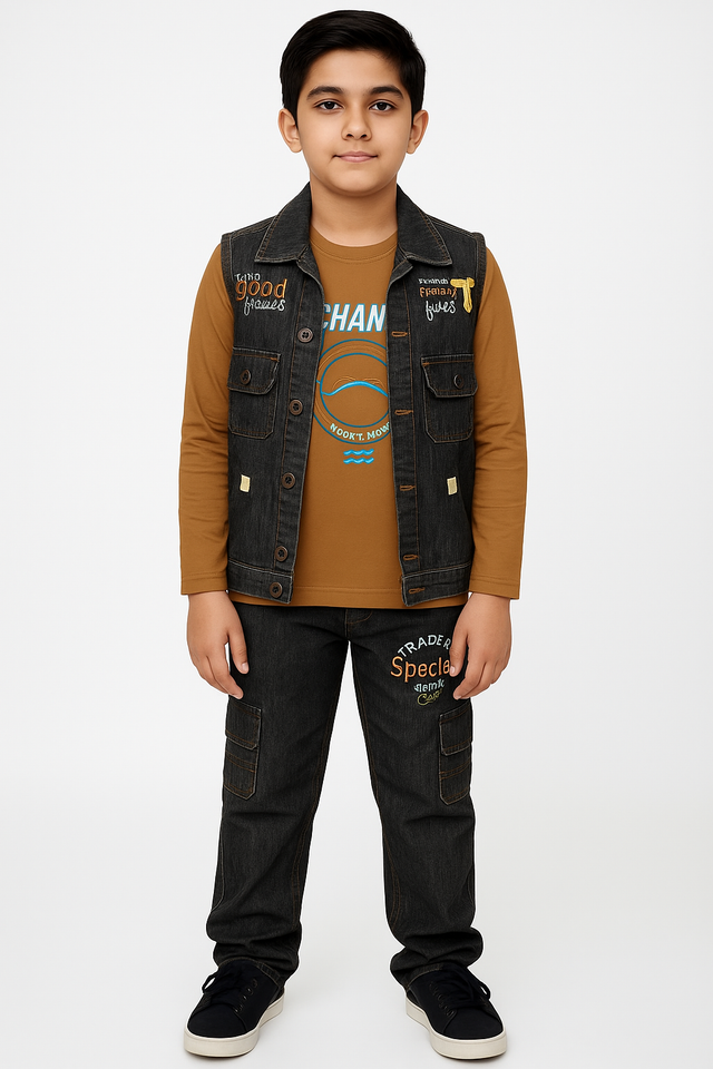 Boys' Denim Vest and Jeans Set with Long-Sleeve T-Shirt