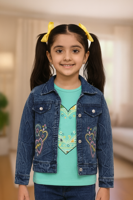 Girls' Heart-Print Denim Jacket and Jeans Set with T-Shirt