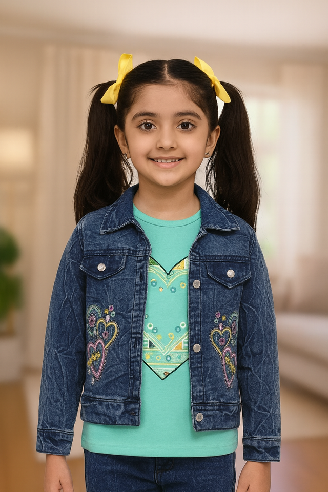 Girls' Heart-Print Denim Jacket and Jeans Set with T-Shirt