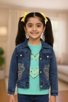 Girls' Heart-Print Denim Jacket and Jeans Set with T-Shirt