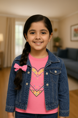 Girls' Heart-Print Denim Jacket and Jeans Set with T-Shirt
