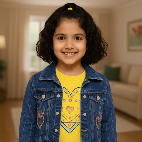 Girls' Heart-Print Denim Jacket and Jeans Set with T-Shirt