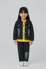 Girls' Floral Embroidered Denim Jacket and Jeans Set with T-Shirt