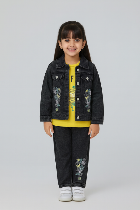 Girls' Floral Embroidered Denim Jacket and Jeans Set with T-Shirt