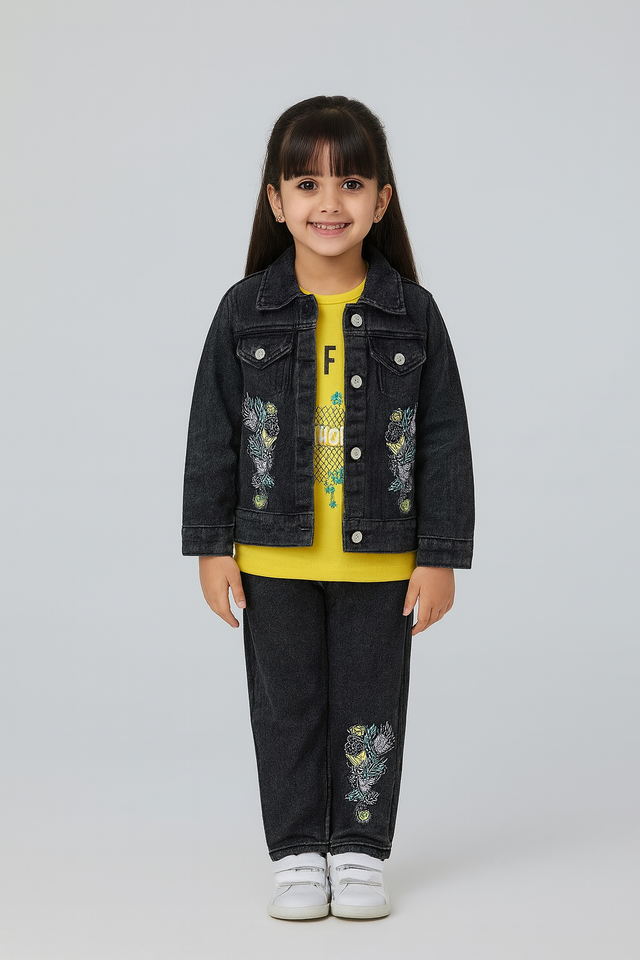 Girls' Floral Embroidered Denim Jacket and Jeans Set with T-Shirt