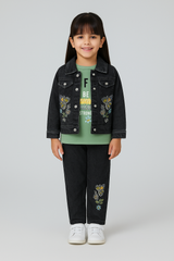 Girls' Floral Embroidered Denim Jacket and Jeans Set with T-Shirt
