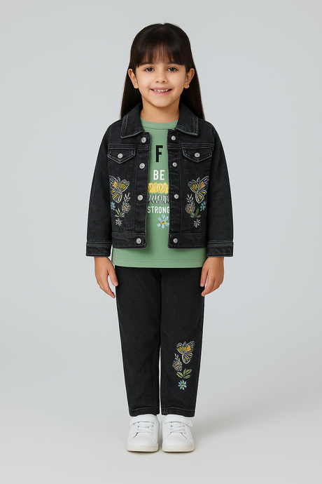 Girls' Floral Embroidered Denim Jacket and Jeans Set with T-Shirt