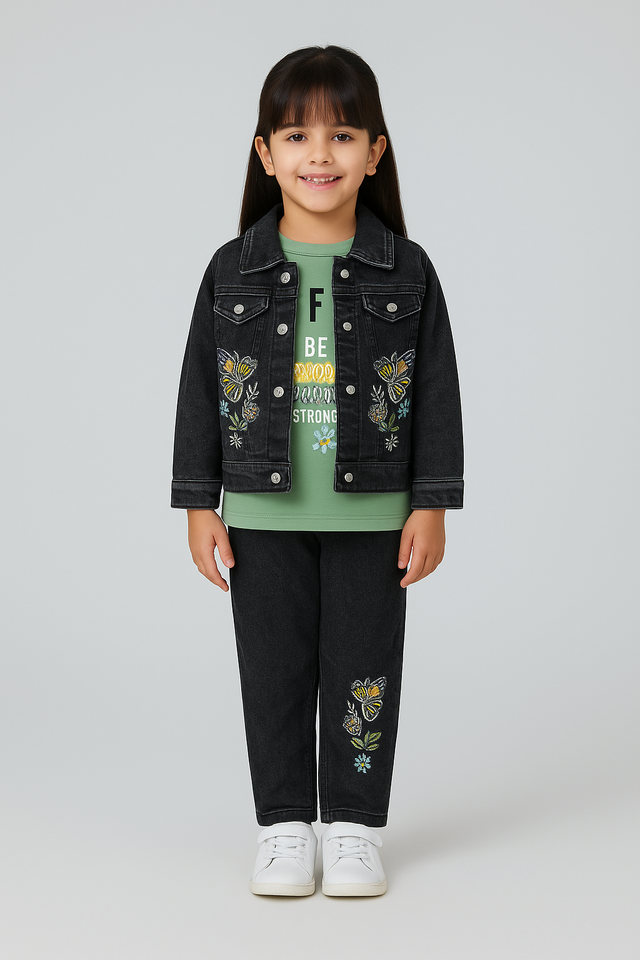 Girls' Floral Embroidered Denim Jacket and Jeans Set with T-Shirt