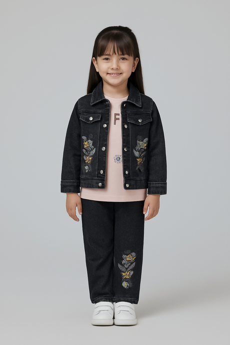Girls' Floral Embroidered Denim Jacket and Jeans Set with T-Shirt